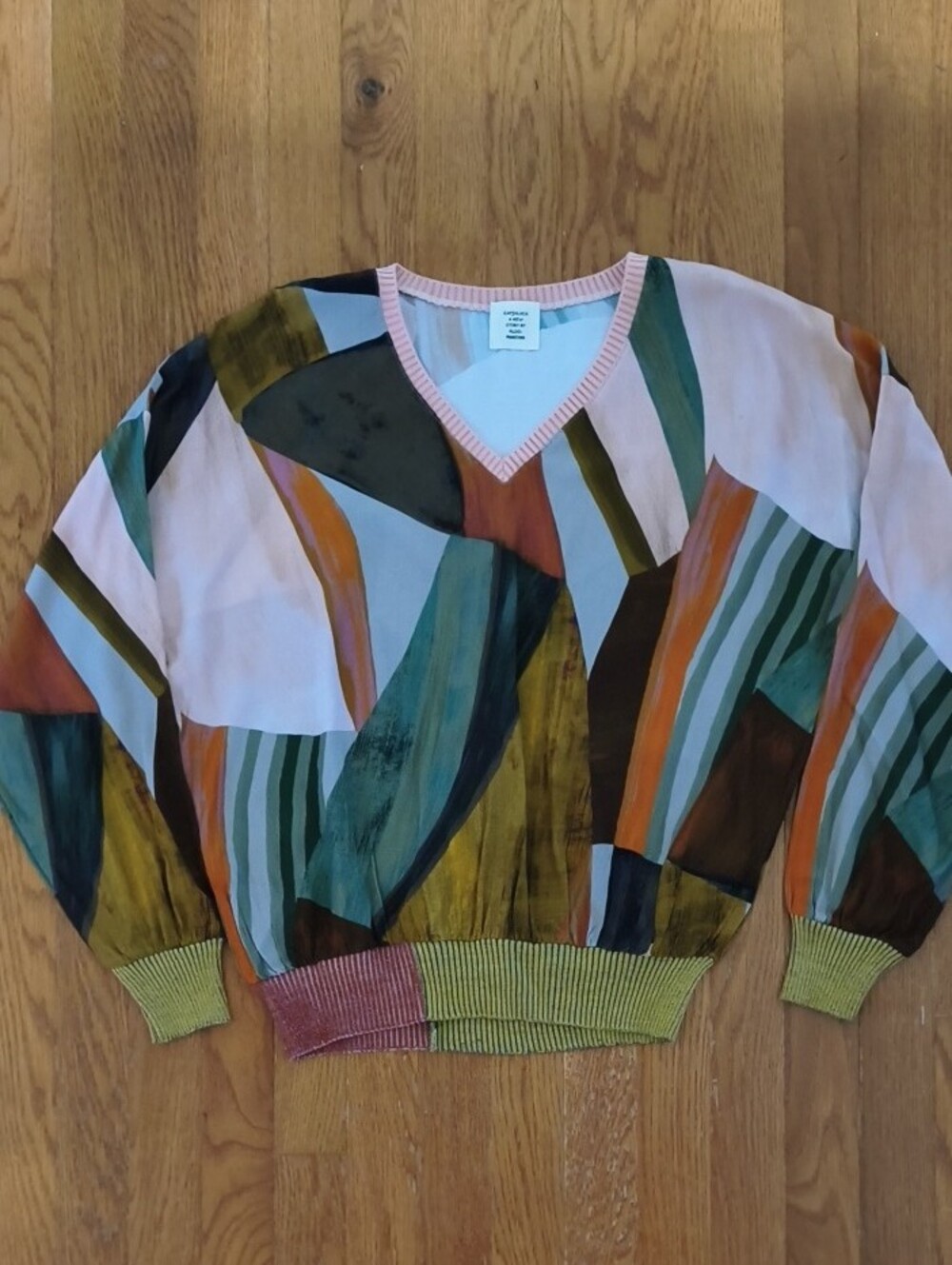 Aldomartins Multicolor Abstract V-Neck Long Sleeve Sheer Top